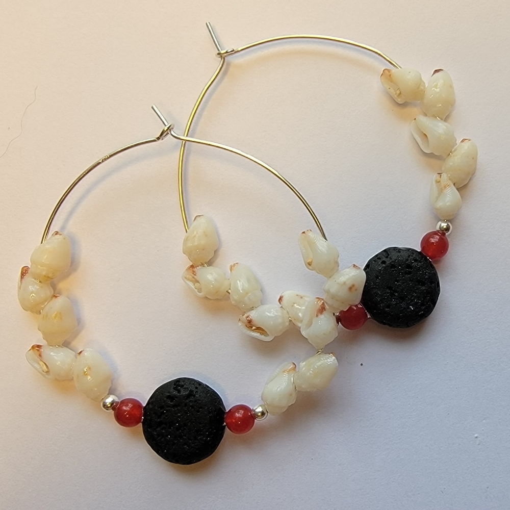 SS 925 Hawaiian Hawaii Island Momi Shell, Lava Rock Coins & Ruby Red Earrings